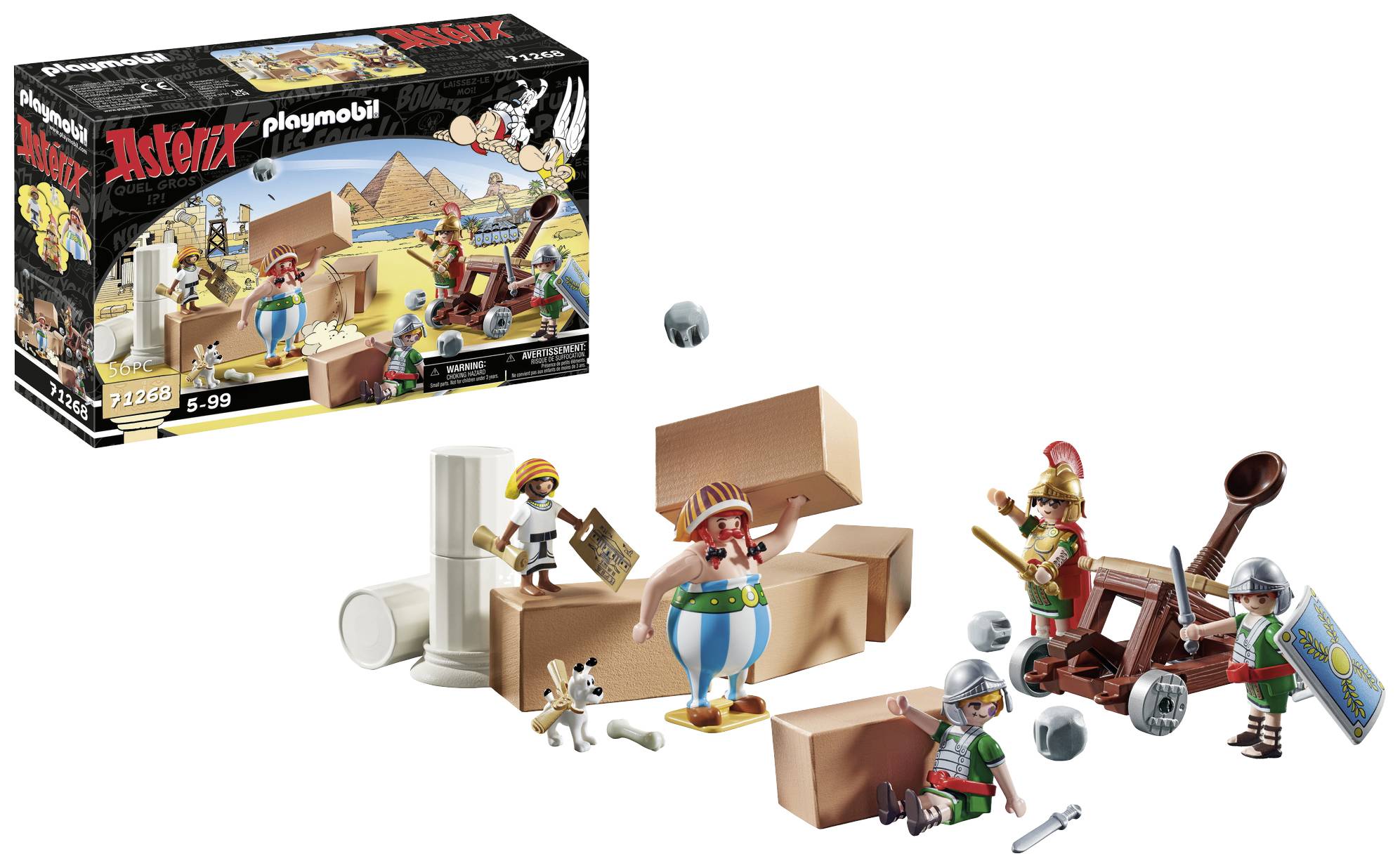 Sada Playmobil s postavami Asterixa: Asterix, Obelix a Rimania stavajú a bojujú vedľa katapultu, so psom Iderixom.