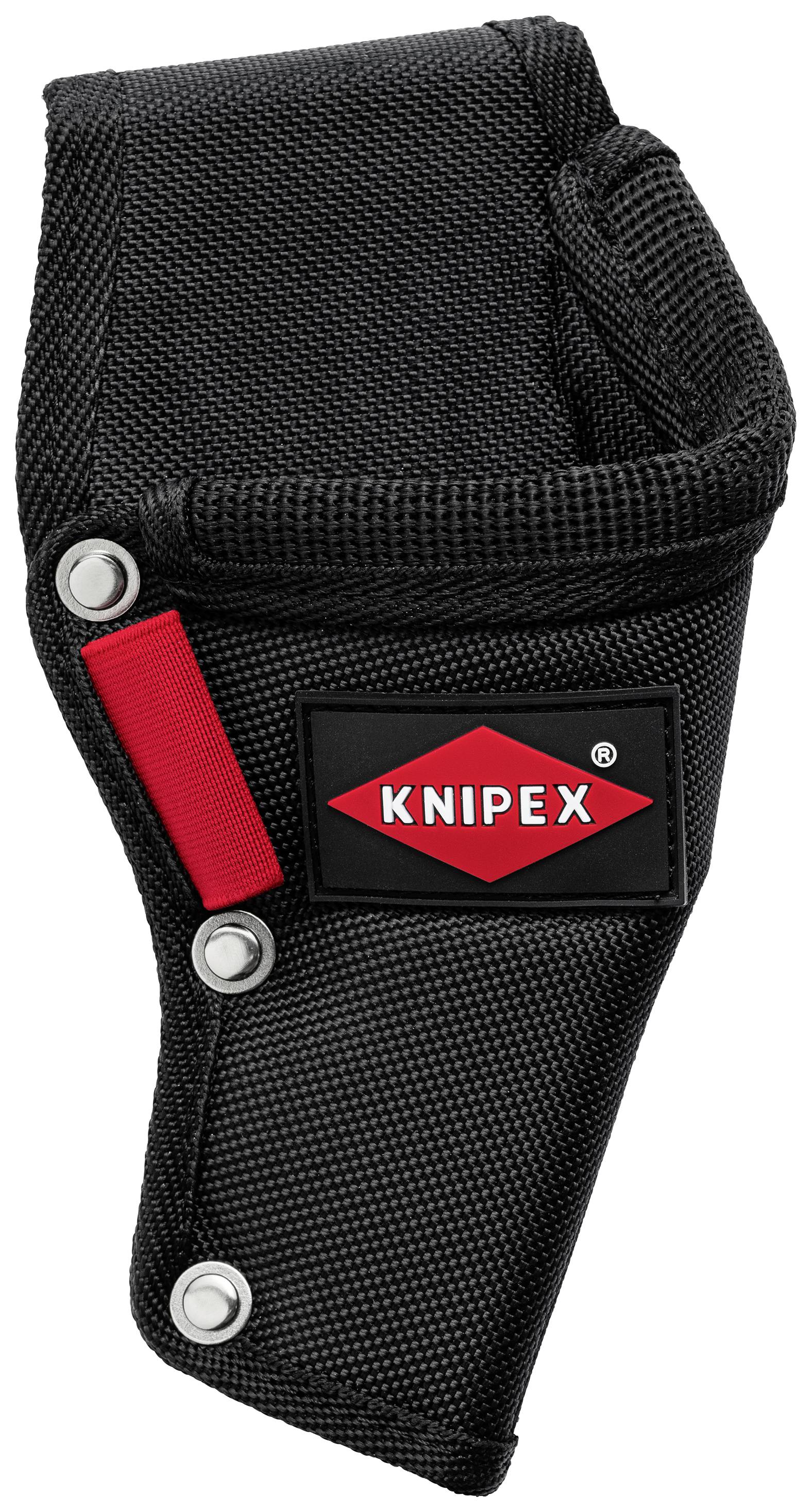 Čierna ľadvinka KNIPEX s červenými detailmi a patentkami na uskladnenie náradia.
