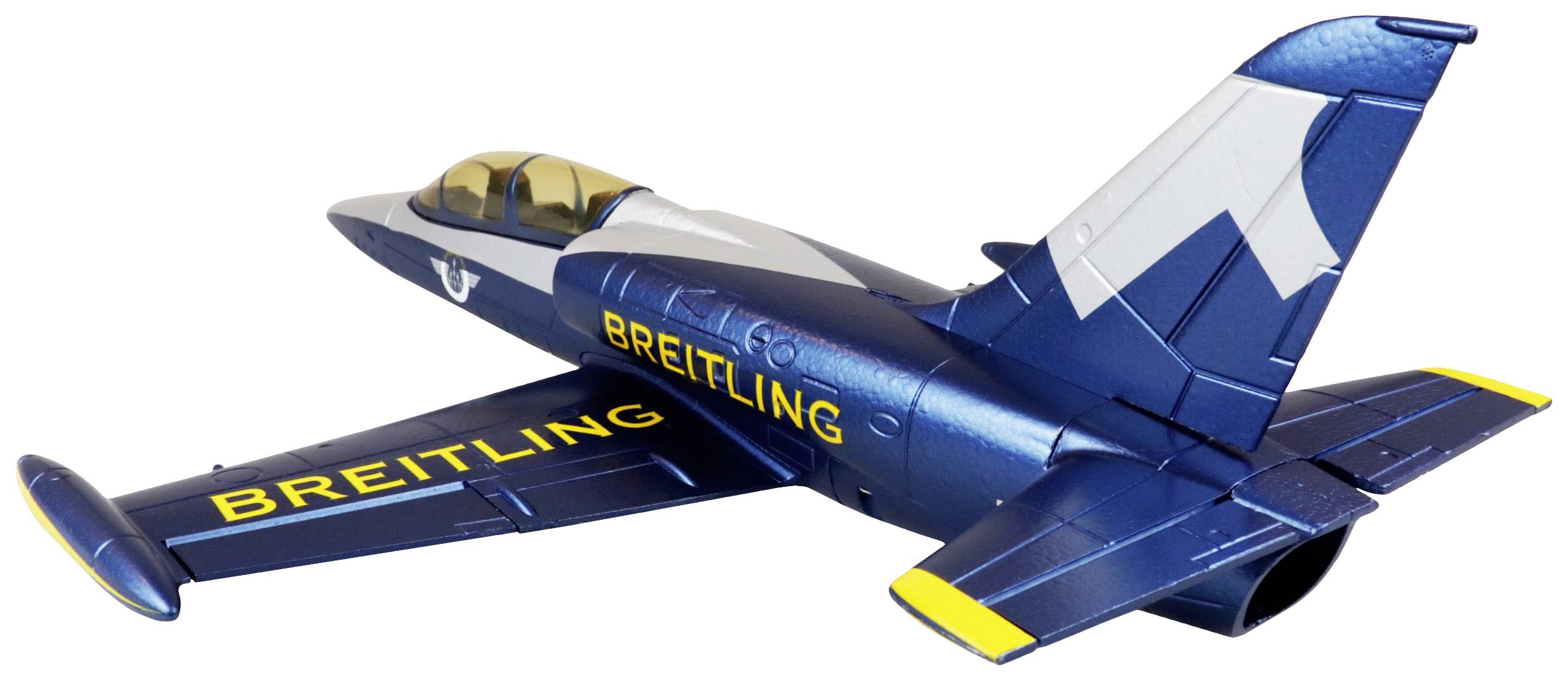 Model lietadla nalakovaný na modro s žltým nápisom 'Breitling'. Má moderný dizajn, biele akcenty a žlté špičky krídel.