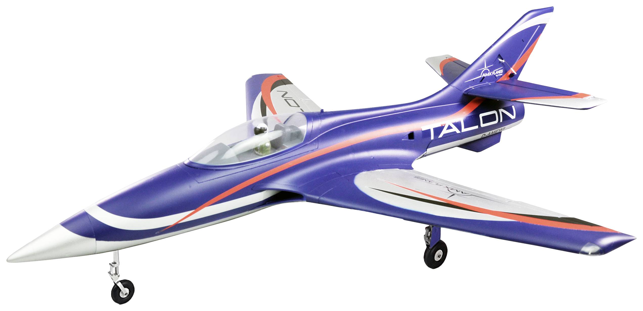Model lietadla s modro-červeno-bielym dizajnom stojí na kolieskach. Na chvoste je napísané 'TALON'.