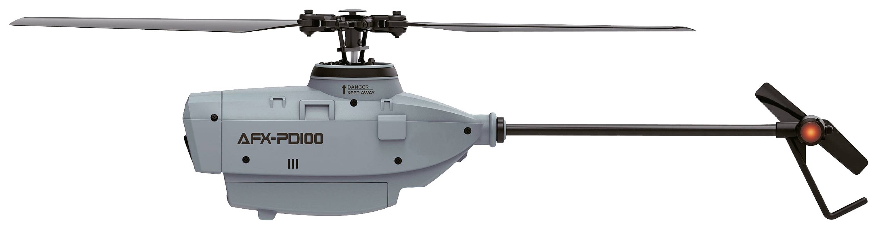 Sivý bezpilotný vrtuľník s nápisom 'AFX-PD100'. Má rotorové listy navrchu a vzadu.