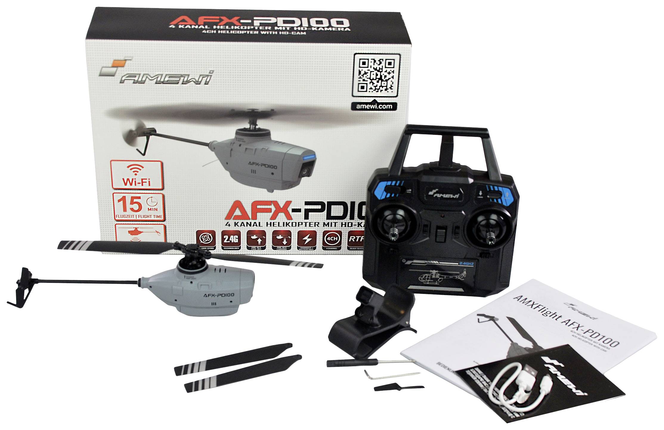 RC model vrtuľníka s diaľkovým ovládaním a príslušenstvom pred balením. Text na obale: 'AFX-PD100 4-kanálový vrtuľník s HD kamerou'.
