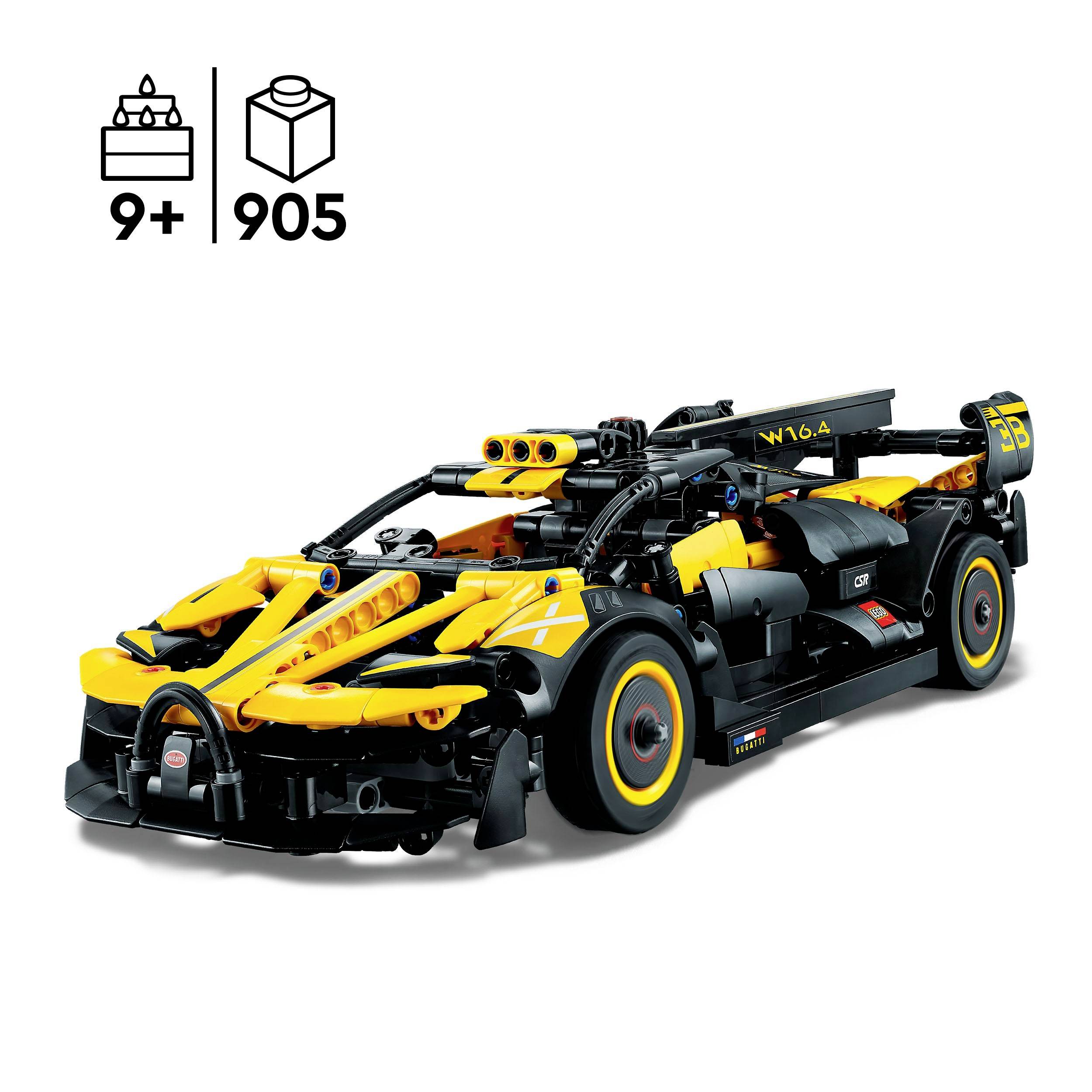 Čierna a žltá LEGO sada automobilov s 905 dielmi, vhodná pre deti od 9 rokov.