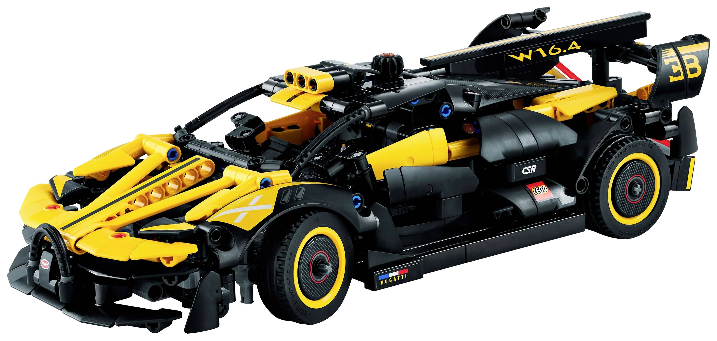 Žlté a čierne modelové auto v štýle pretekárskeho vozidla, s precízne spracovanými aerodynamickými prvkami a výraznými červenými akcentmi na kolesách.