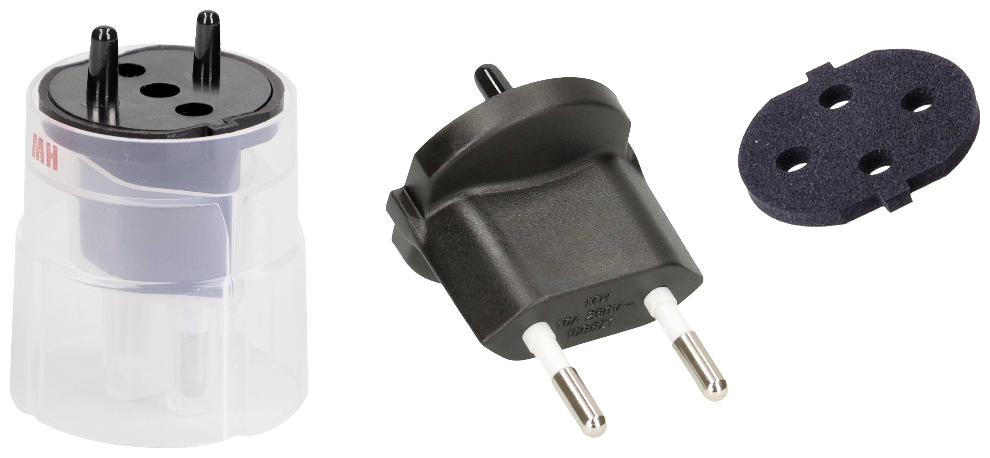 Sada eurozásuvkových adaptérov s dvojitým kolíkom a zodpovedajúcimi krytmi, určená na pripojenie elektrických zariadení do európskych zásuviek.