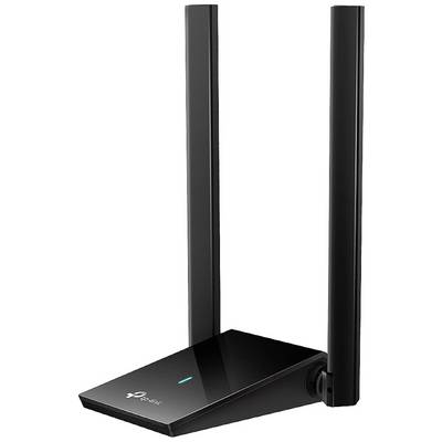 Čierny WLAN router s dvoma vzpriamenými anténami, diagonálny pohľad spredu.