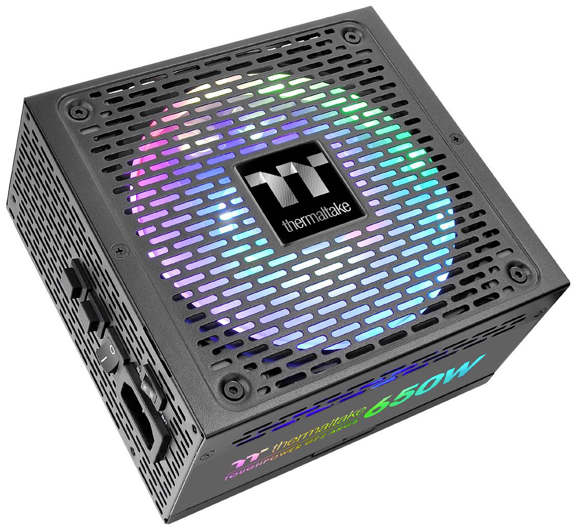 Čierny počítačový zdroj s RGB podsvietením a vetracou mriežkou. Nesie logo značky a nápis '650W'.