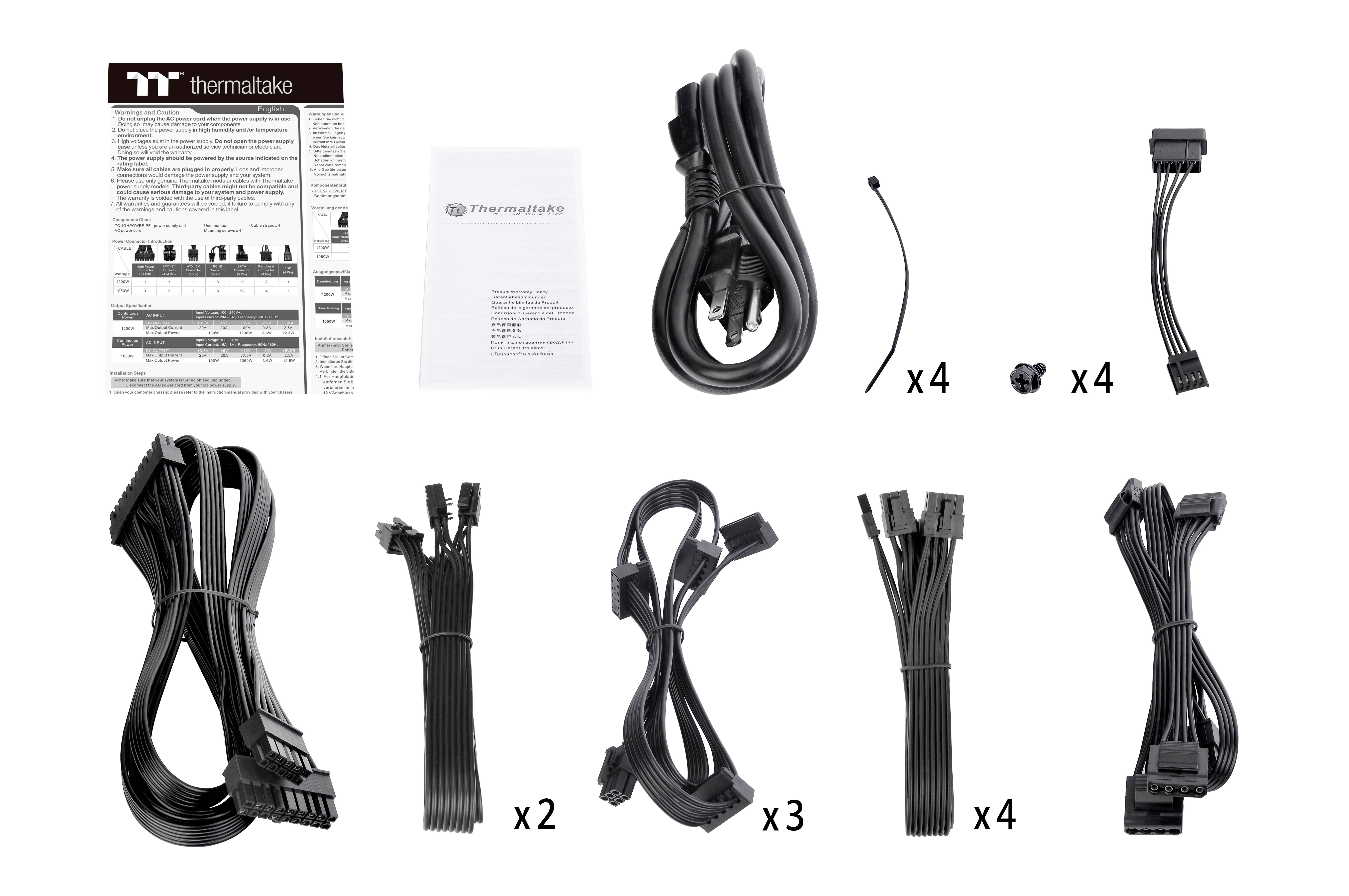 Príslušenstvo napájacieho zdroja od Thermaltake: Manuál, záručný list, rôzne káble vrátane PCIe, SATA, CPU, štyri káblové viazače, štyri skrutky.