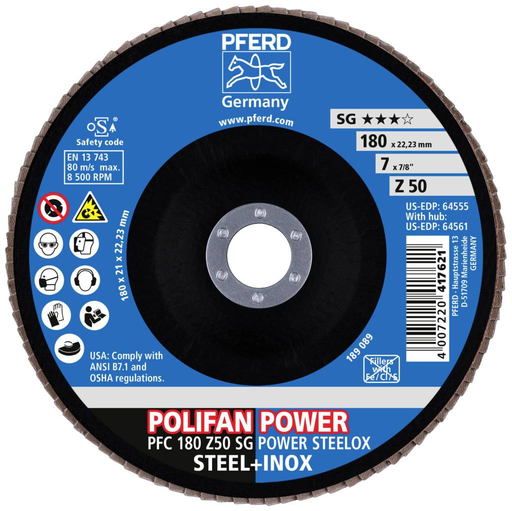 Brúsny kotúč 'POLIFAN POWER', modrý so SG Z50, vhodný pre oceľ a nehrdzavejúcu oceľ. Priemer 180 mm, 80 m/s, max. 8.500 ot/min.