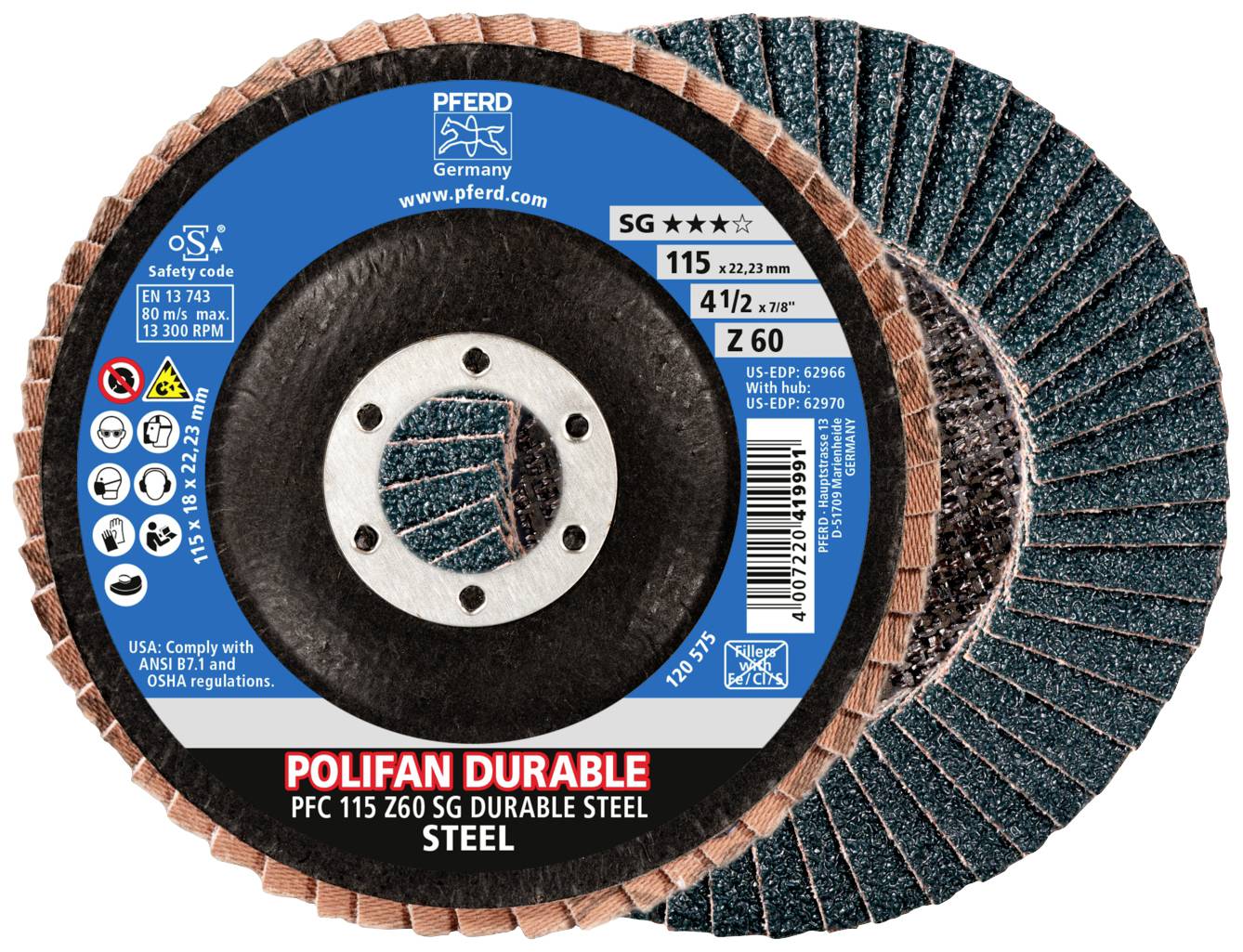 Brúsny kotúč 'PFERD Polifan Durable PFC 115 Z60 SG' na oceľ, priemer 115 mm, vrátane bezpečnostných, normatívnych a aplikačných pokynov.