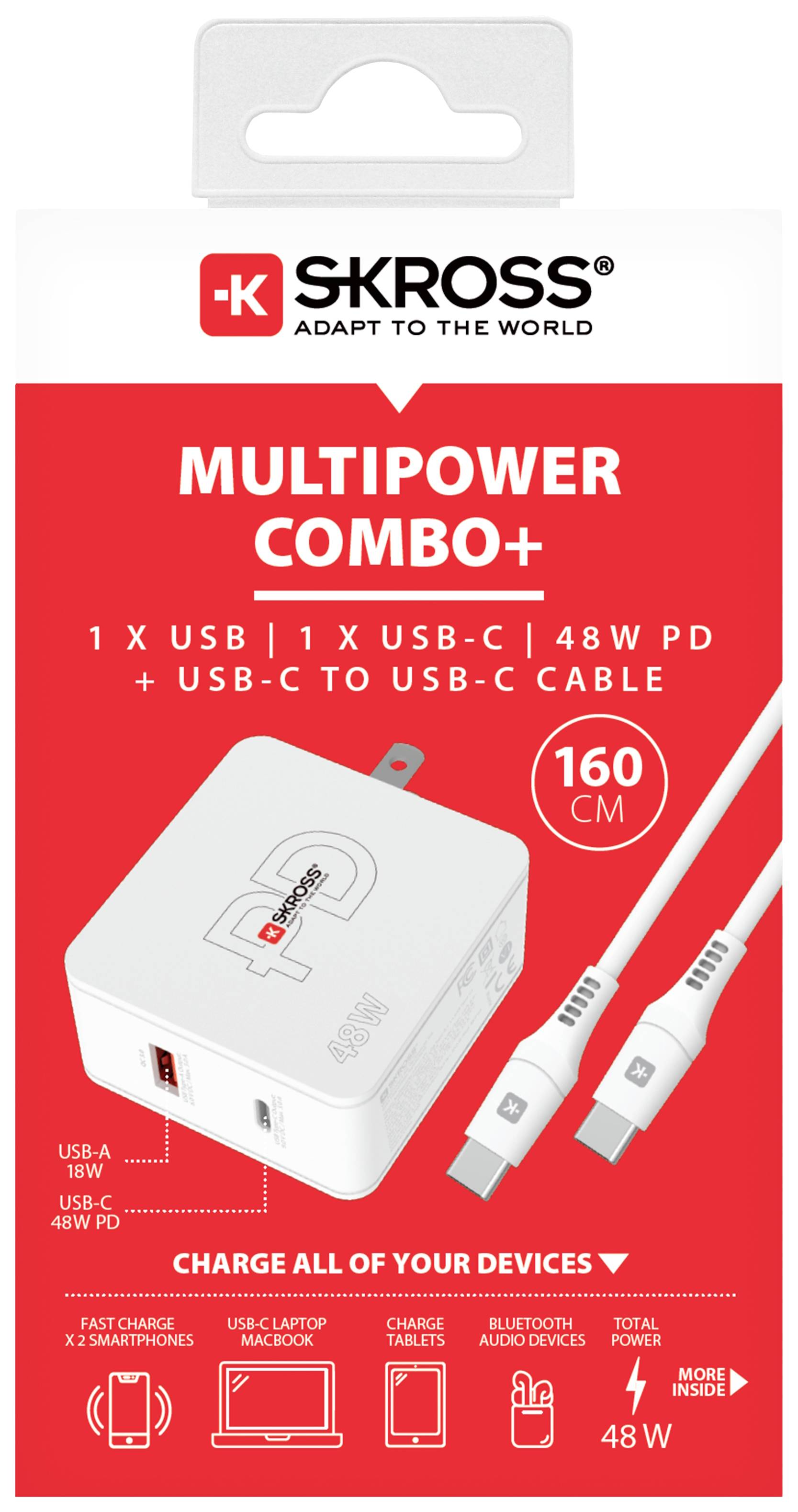 Obal nabíjačky od SKROSS s nápisom 'MULTIPOWER COMBO+', zobrazuje konektory USB-A, USB-C a kábel USB-C na USB-C. Výkon 48W.