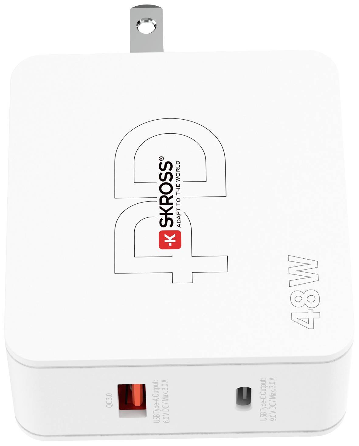 Štvorčekový SKROSS nabíjací adaptér s nápisom 'PD' a '48 W', s USB-A a USB-C portami, sklopným zástrčkovým kolíkom.