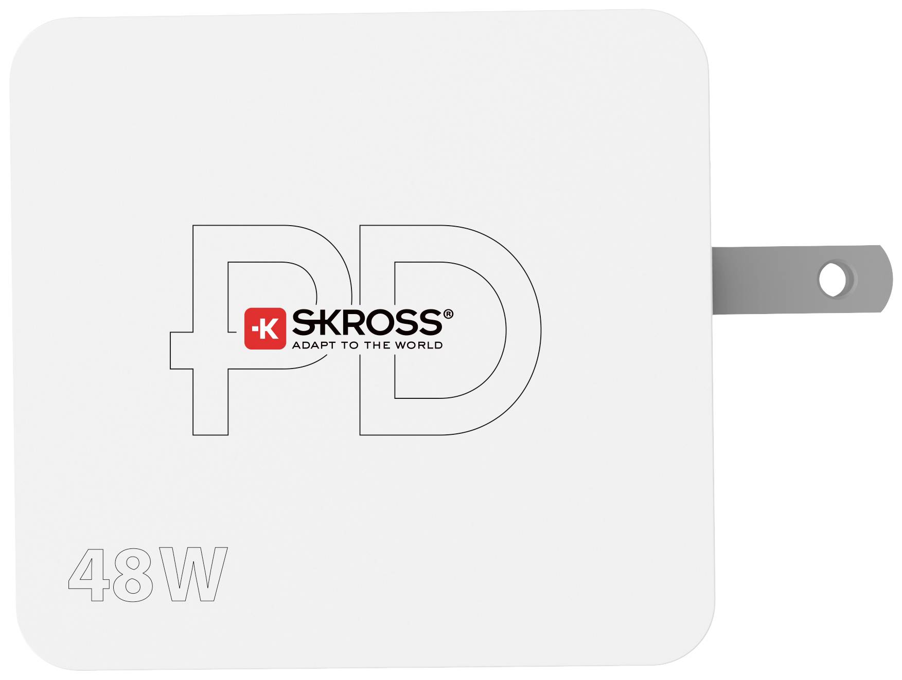 Biely nabíjací adaptér so Skross logom a nápisom '48W'. Adaptér má na boku vysunuteľné časti.