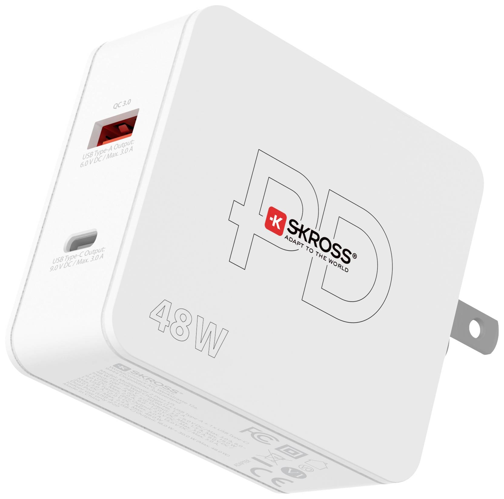 Biela 48W USB nabíjačka s dvoma portami a logom SKROSS. Vhodná na rýchle nabíjanie viacerých zariadení.