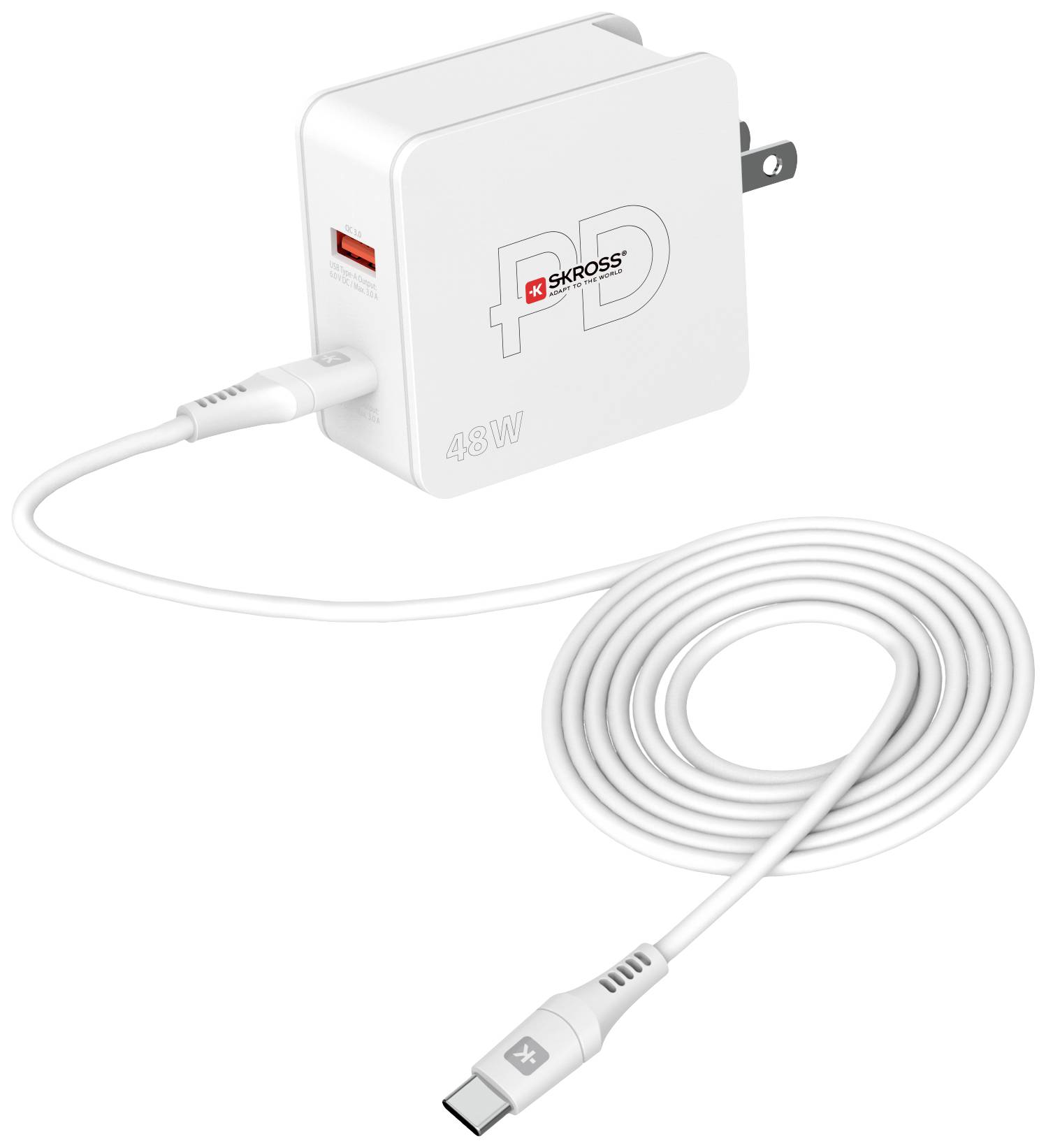 Biela nabíjačka s USB-C portom a nabíjacím káblom. Označená logom 'SKROSS' a špecifikáciou výkonu 45W.