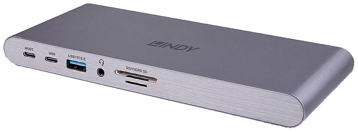 Dokovacia stanica USB-C v kovovom kryte s portmi pre USB, HDMI, SD karty a audio.