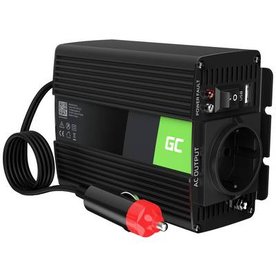 Čierny napäťový menič s červenou zástrčkou, zeleným displejom a USB portom, vhodný pre prevádzku zariadení vo vozidlách.
