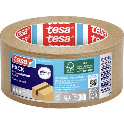 Rolka ultra silného papierového balícieho páska Tesa, 25m x 50mm, s ikonou kartónovej krabice, certifikáciou FSC a nálepkou prémiových kvalít.