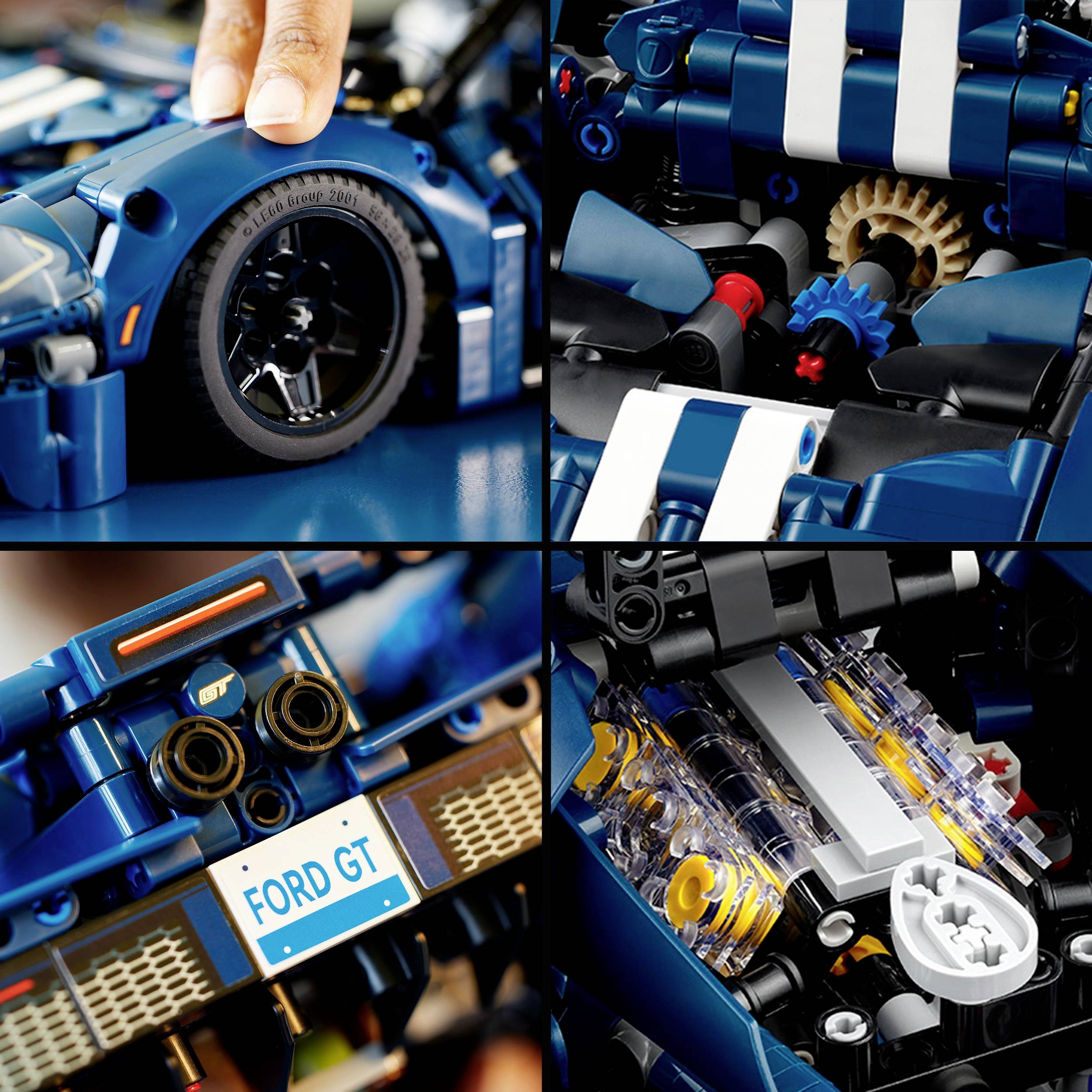 Štyri detailné zábery modelu Ford GT z LEGO, zamerané na kolesá, motor, zadnú časť s logom 'Ford GT' a vnútorné komponenty.