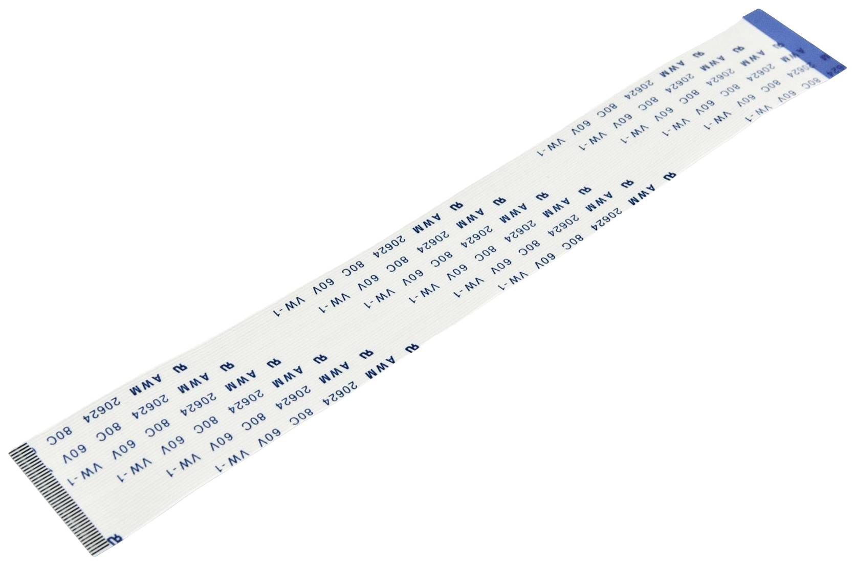 Flexibilný plochý kábel s modrými konektormi na oboch koncoch, potlačený technickými špecifikáciami.