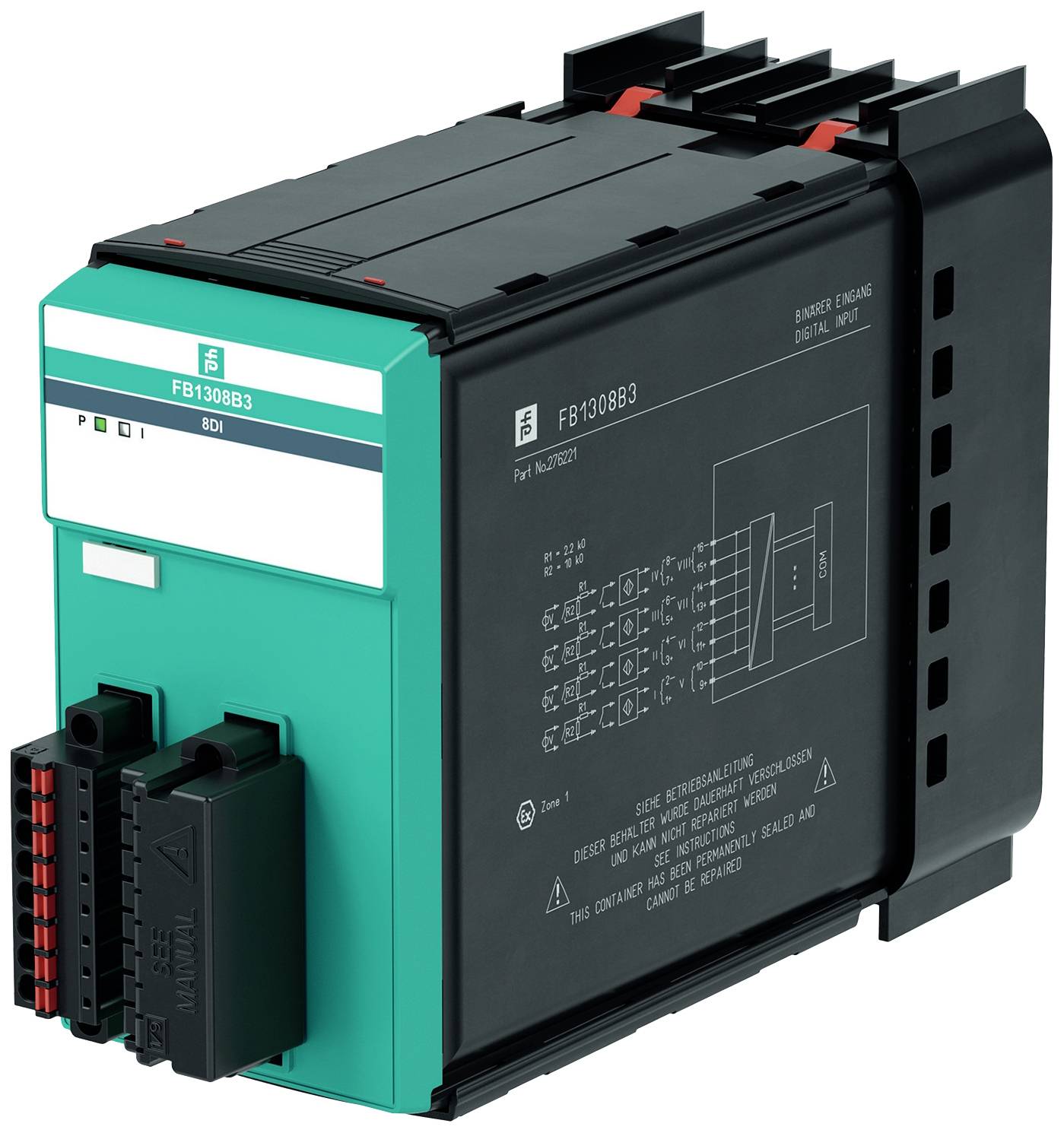Čierny elektronický komponent s označením v zelenej a červenej farbe a prípojkami. Slúži na priemyselné riadenie.