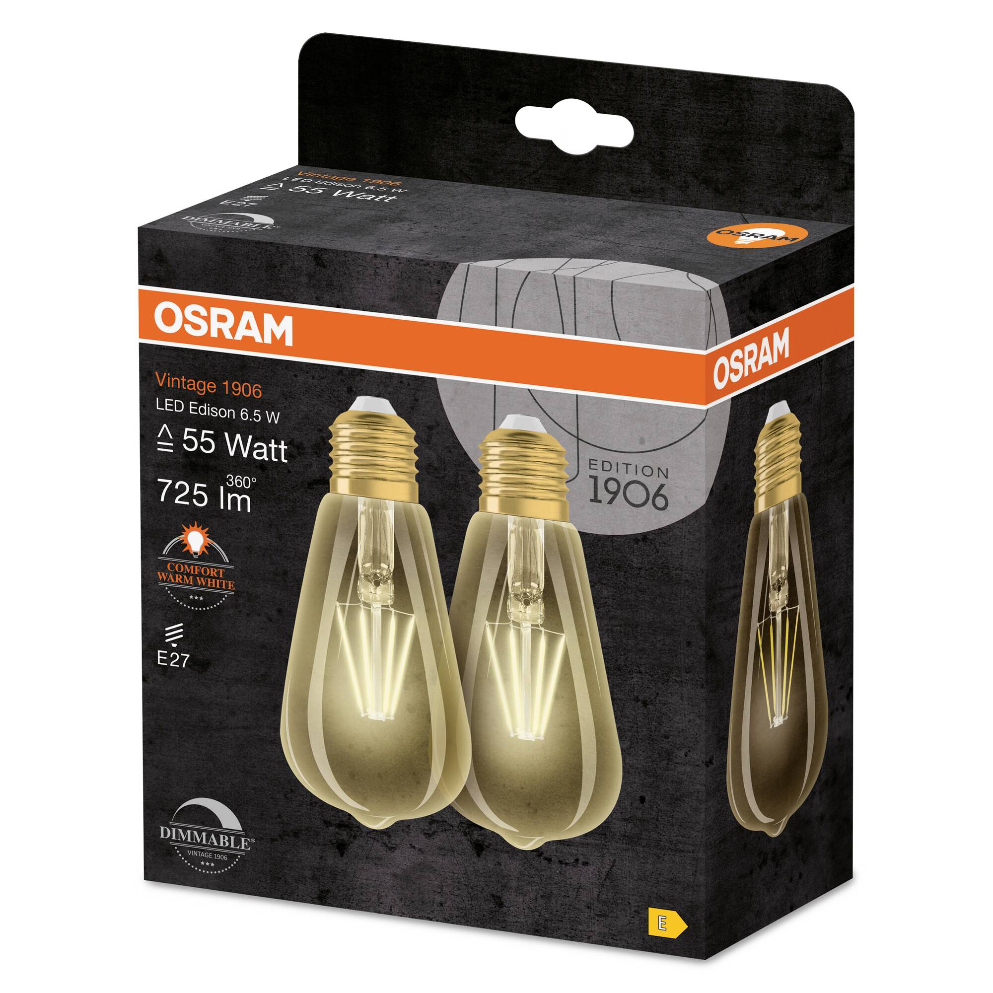 Balenie LED žiaroviek OSRAM Vintage 1906 s 2 stmievateľnými 6,5W vintage žiarovkami, ekvivalent 55 W, teplá biela, 725 lm.
