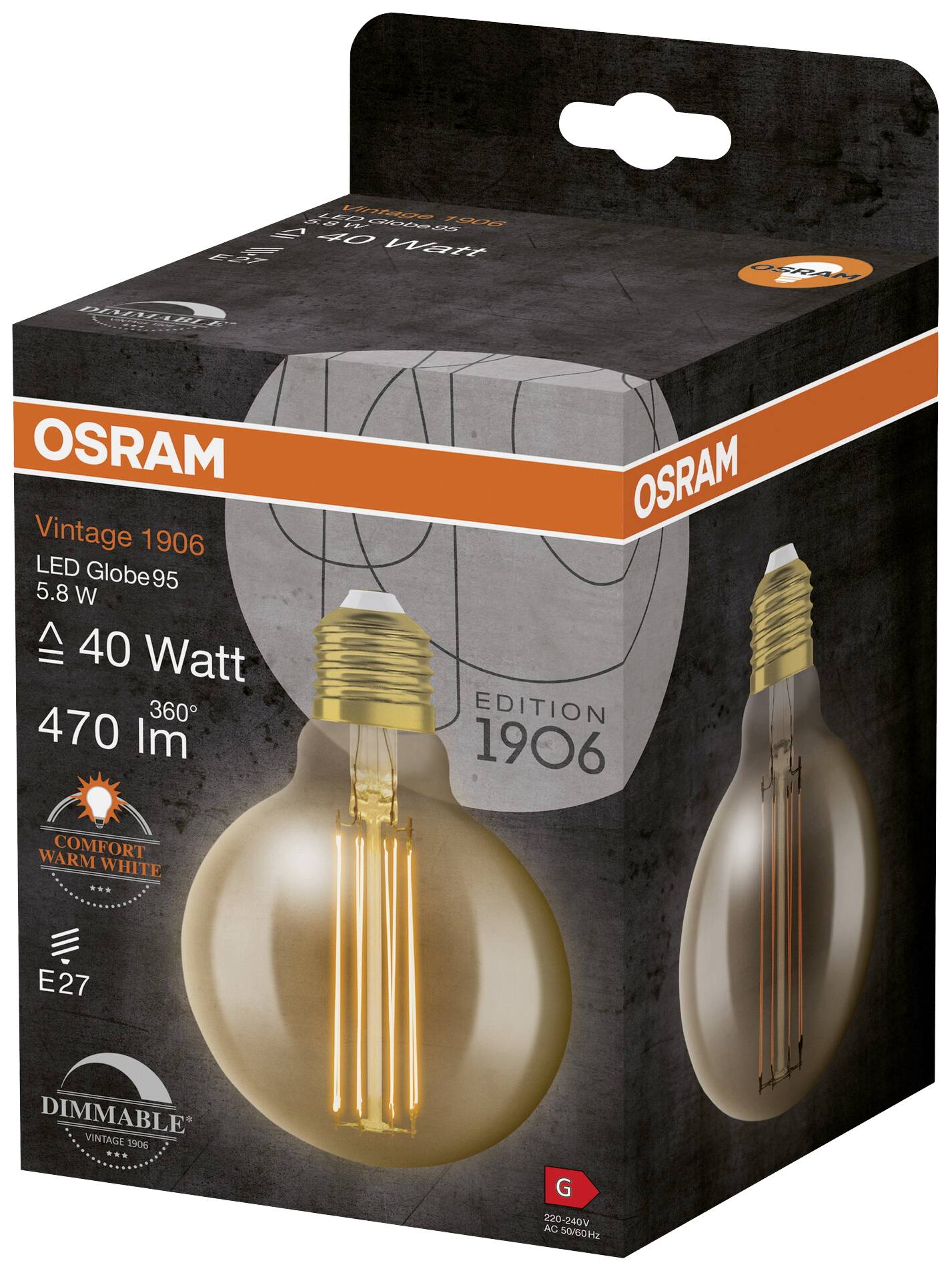 Obal LED žiarovky OSRAM Vintage 1906. Detaily: 5,8 wattov, 470 lúmenov, teplé biele svetlo, stmievateľná, pätica E27.