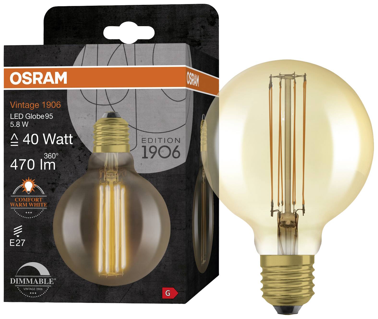 40-wattová LED žiarovka OSRAM, edícia Vintage 1906, pätica E27, teplé biele svetlo, 470 lúmenov, stmievateľná, zabalená pred žiarovkou.
