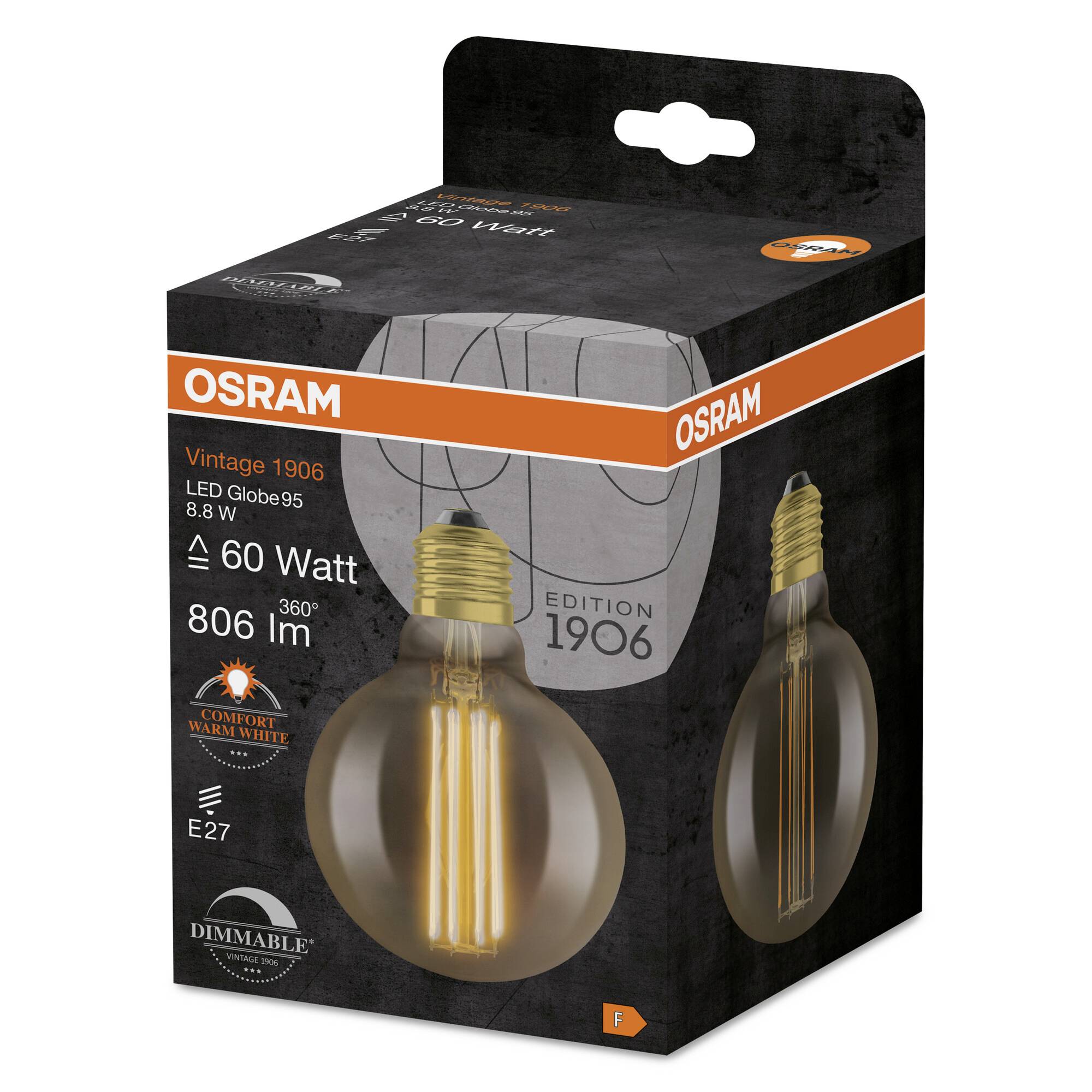 'Osram Vintage 1906' LED žiarovka: LED guľa 95, 8,8 W, ekvivalent 60 W, 806 lúmenov, pätica E27, teplé biele svetlo, stmievateľná.