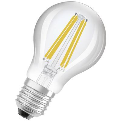 LED žiarovka s priehľadnou sklenenou kupolou a viditelnými žltými vláknami.