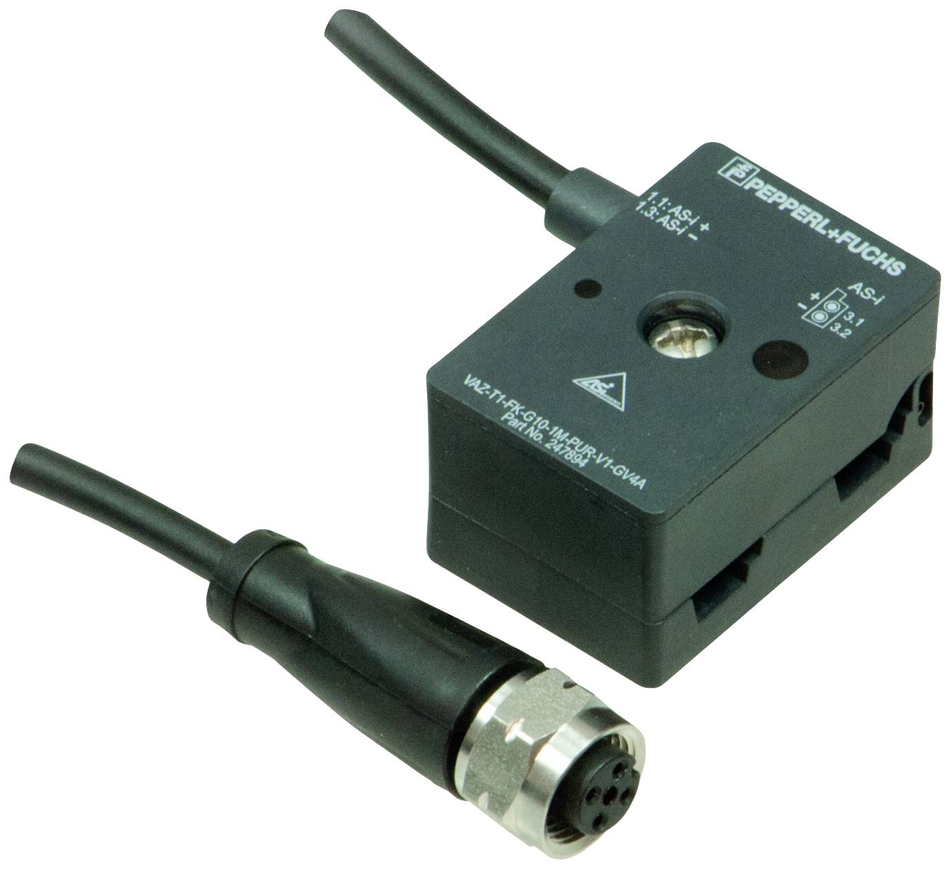 Elektronické zariadenie s káblom, pravdepodobne senzor alebo konektor, s nápisom 'Pepperl+Fuchs' na hornej strane.