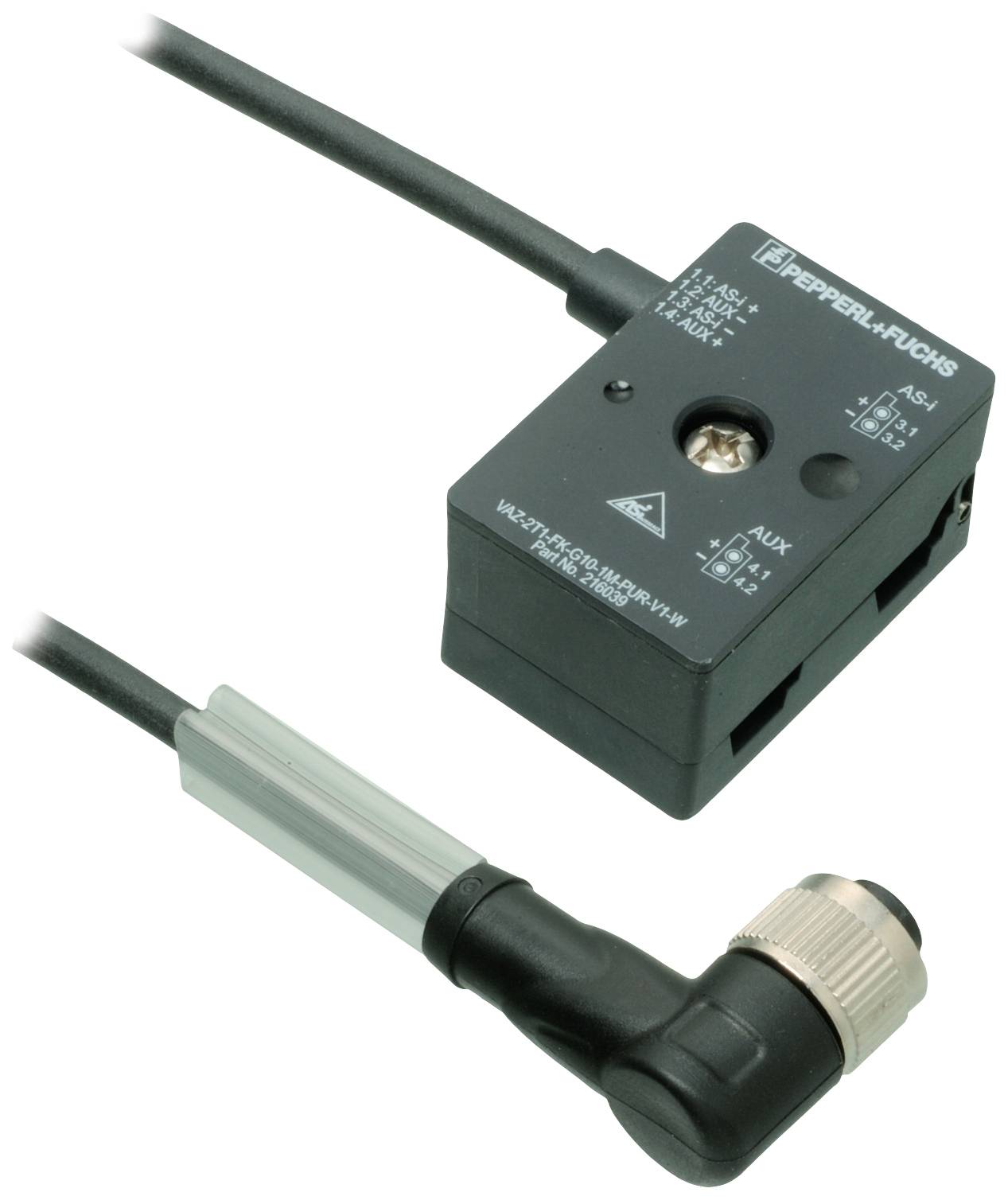 Elektrický senzor s čiernym krytom a káblovým pripojením. Označený značkou 'Pepperl+Fuchs'. Používaný v priemyselných aplikáciách.