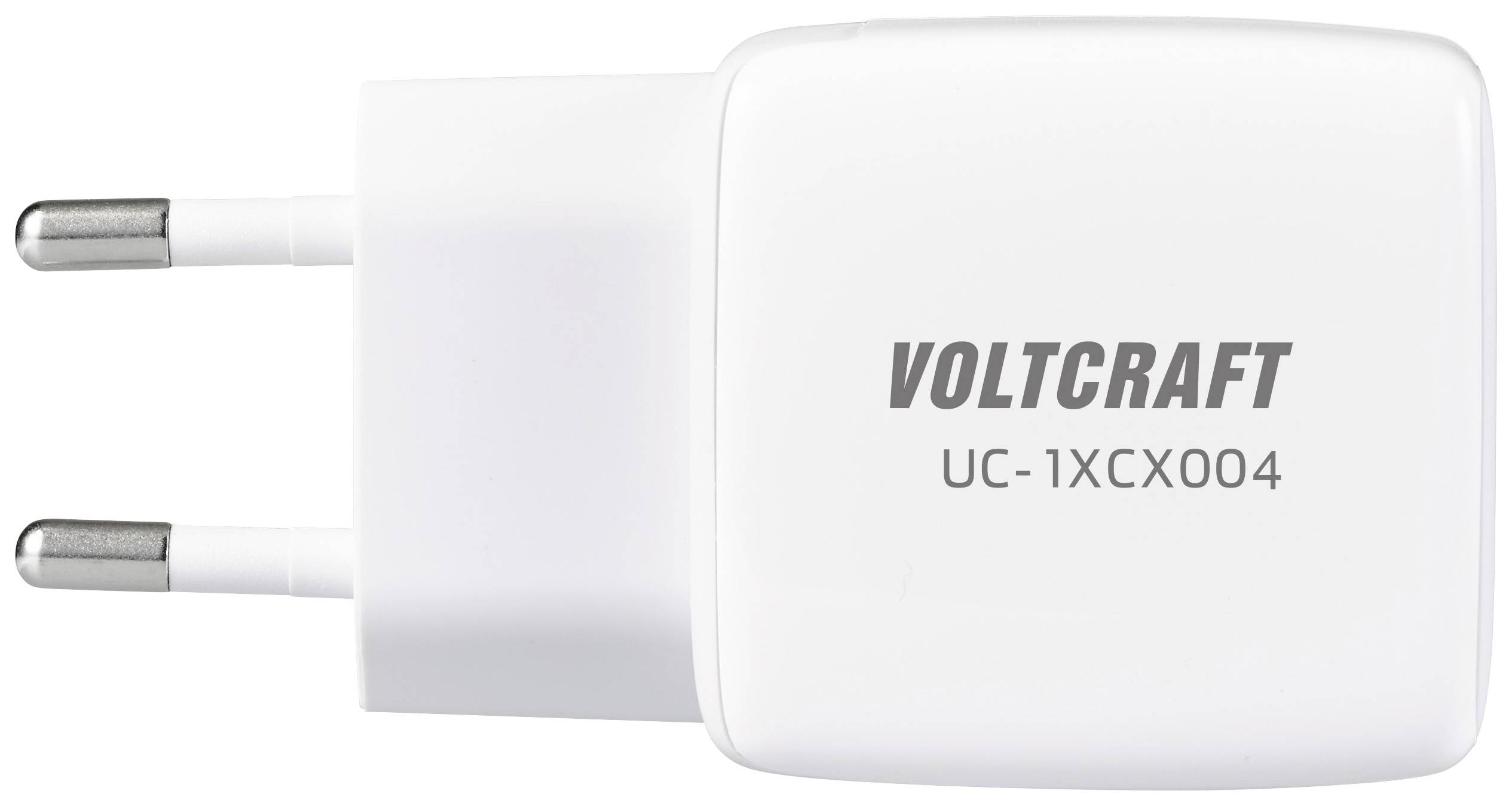 Biele USB nabíjačka 'VOLTCRAFT UC-1XCX004' s dvoma kolíkmi, vhodná pre európske zásuvky.