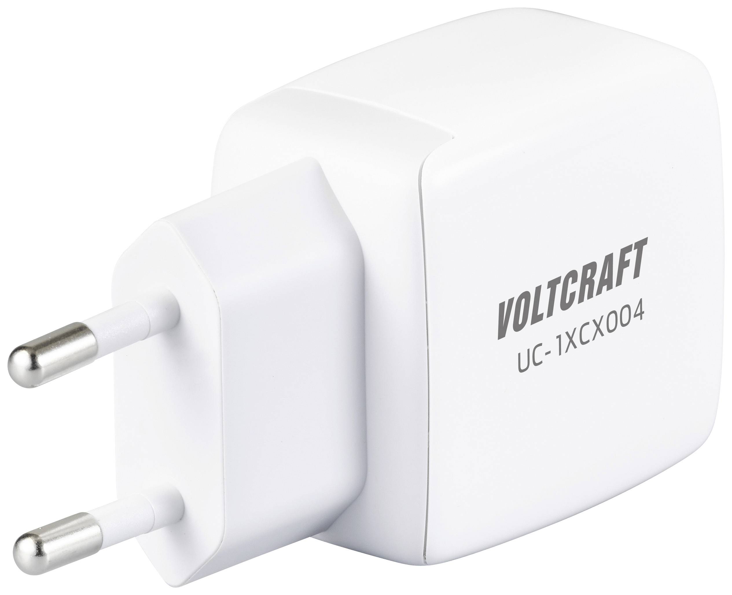 Biele USB nabíjačka s EU zástrčkou, po boku potlačená nápisom 'VOLTCRAFT UC-1XCX004'.