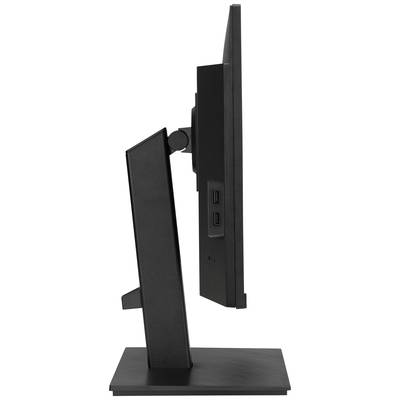 Monitor zobrazený z bočnej strany; ukazuje tenký, moderný dizajn s nastaviteľným stojanom. Po stranách sú viditeľné dva USB porty.