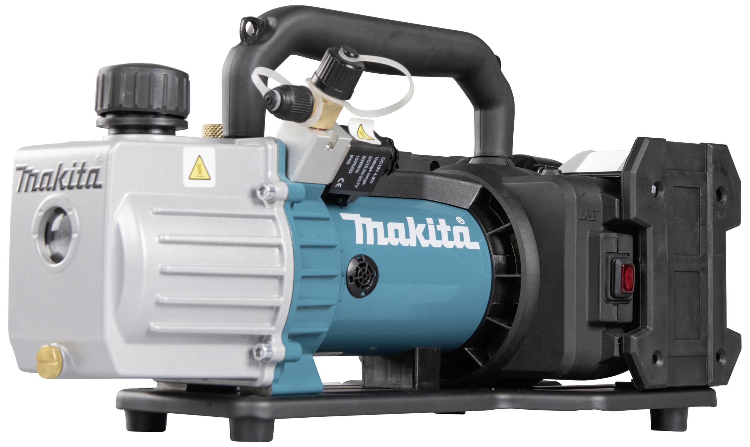 Elektrická vzduchová pumpa značky Makita s čiernou rukoväťou a modrým krytom, vhodná pre rôzne úlohy nafukovania.