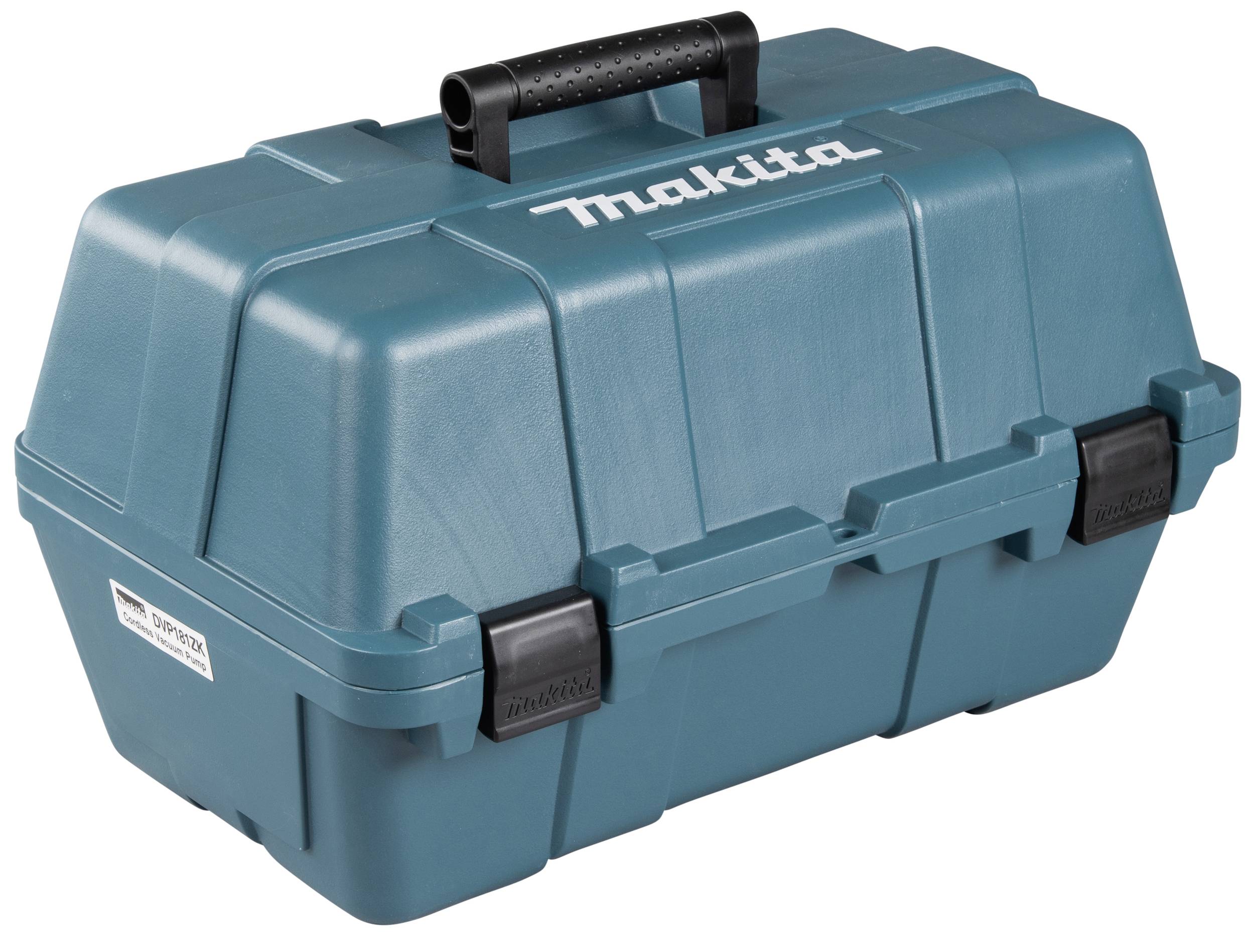 Modrá bednička na náradie s rukoväťou a logom Makita, zatvorená.