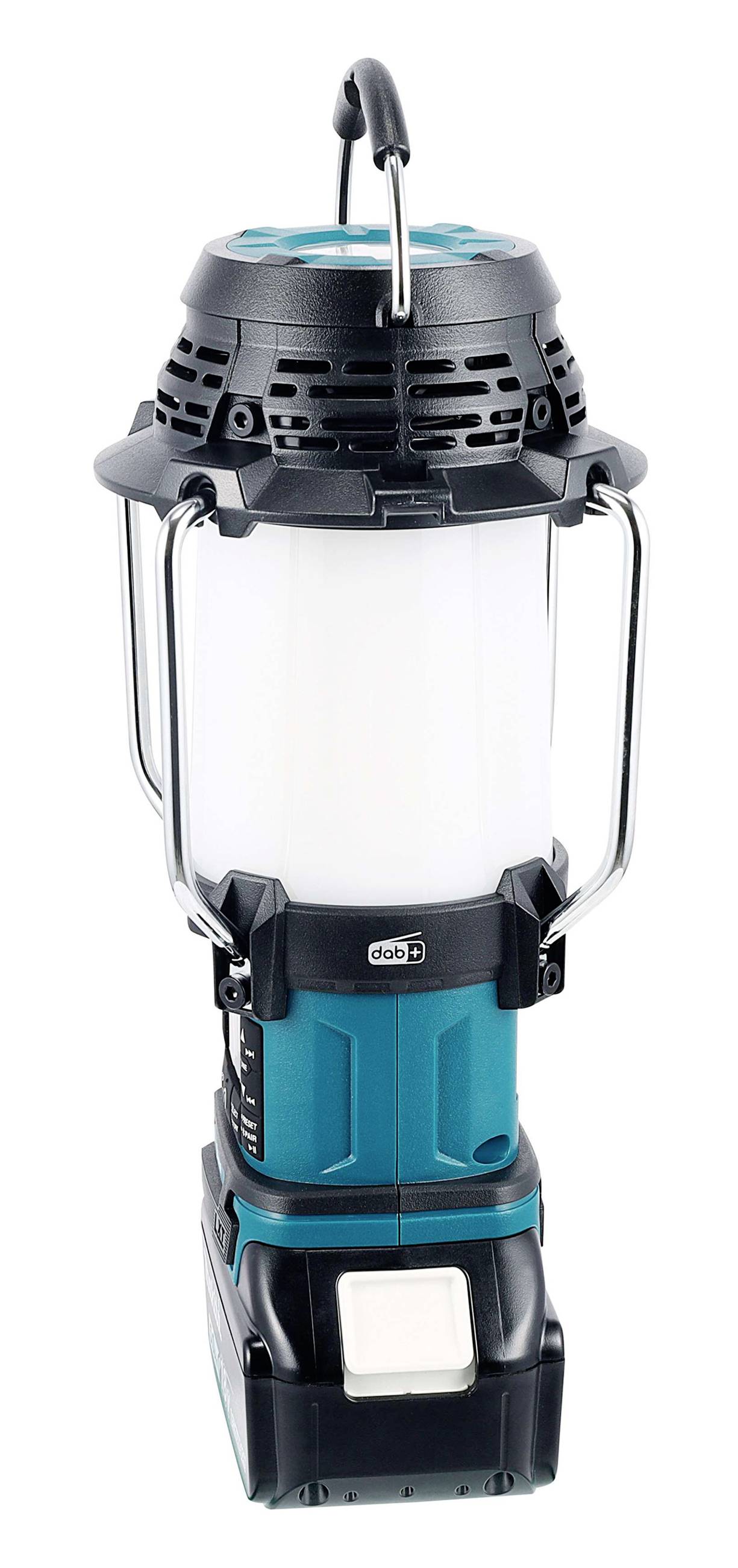 Modro-čierna prenosná lampa s hákom a rukoväťou, vhodná pre vonkajšie kempovanie alebo núdzové osvetlenie.