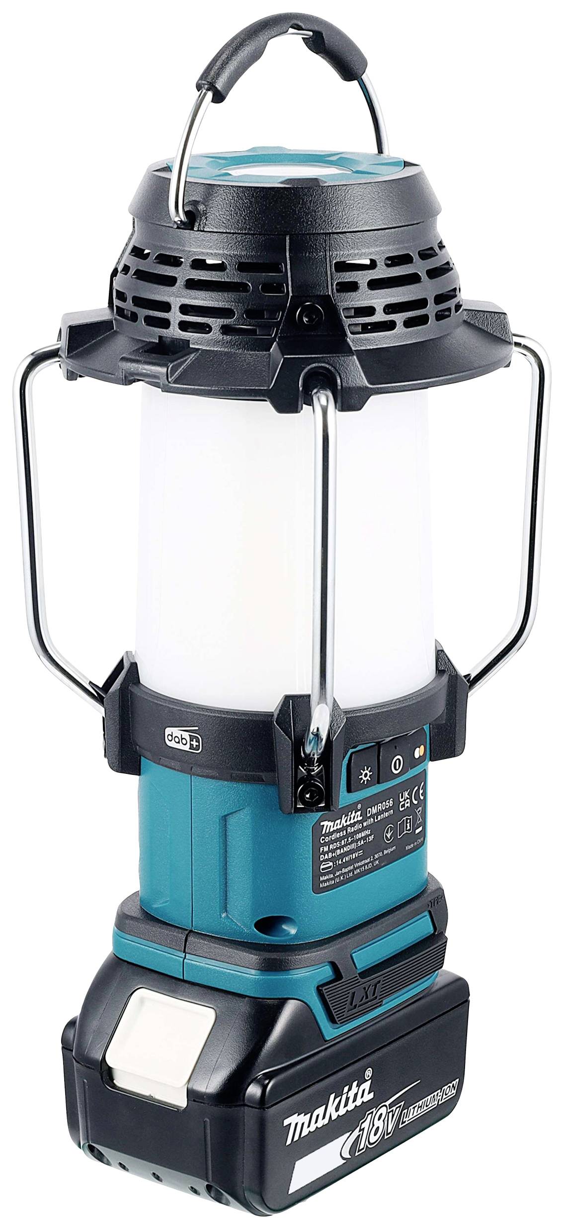 Akumulátorová pracovná lampa so stabilnou rukoväťou, bielym telesom svetelnej trubice a čiernou základňou. Viditeľný štítok 'Makita 18V'.