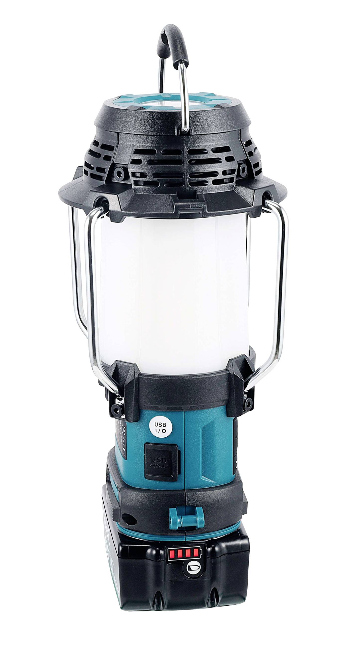Prenosná, batériou napájaná lampa so stabilnými rukoväťami a hákom. Ideálna pre outdoorové aktivity alebo núdzové osvetlenie.