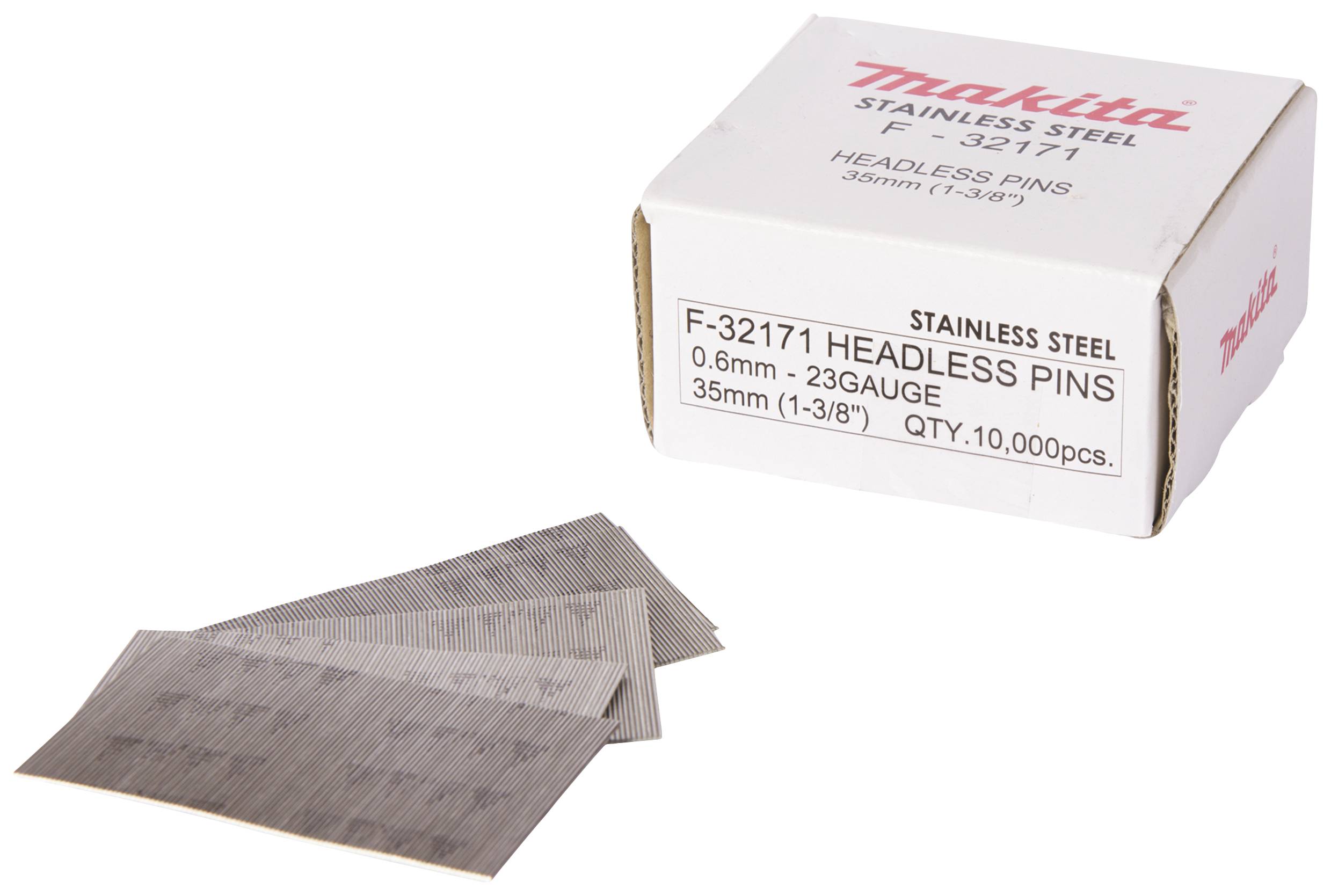 Balenie pinov Makita z nehrdzavejúcej ocele, 0,6 mm hrubých, 35 mm dlhých, množstvo: 10 000 kusov. Pred balením ležia dva listy s pinmi.