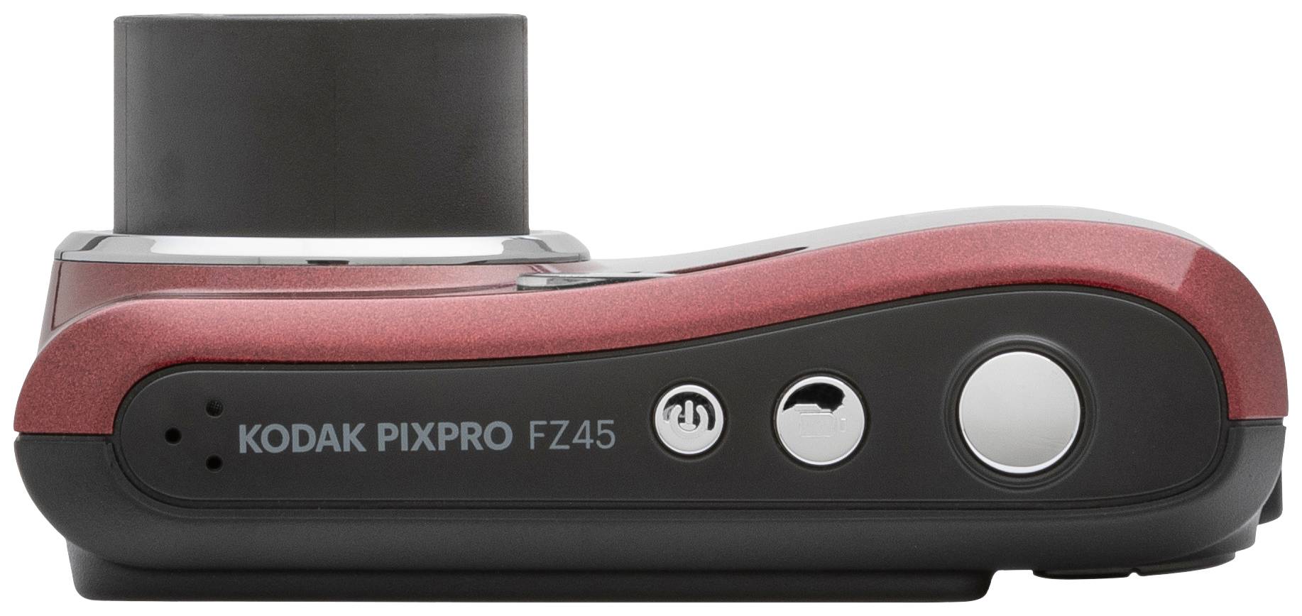 Digitálny fotoaparát, červené a čierne telo, pohľad z boku s vysunutým objektívom; označenie modelu: 'KODAK PIXPRO FZ45'.