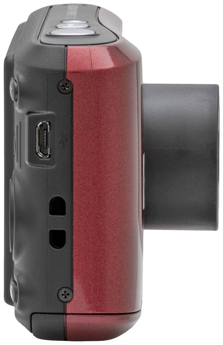 Červený digitálny fotoaparát sfotografovaný z boku, s objektívom a niekoľkými konektormi.