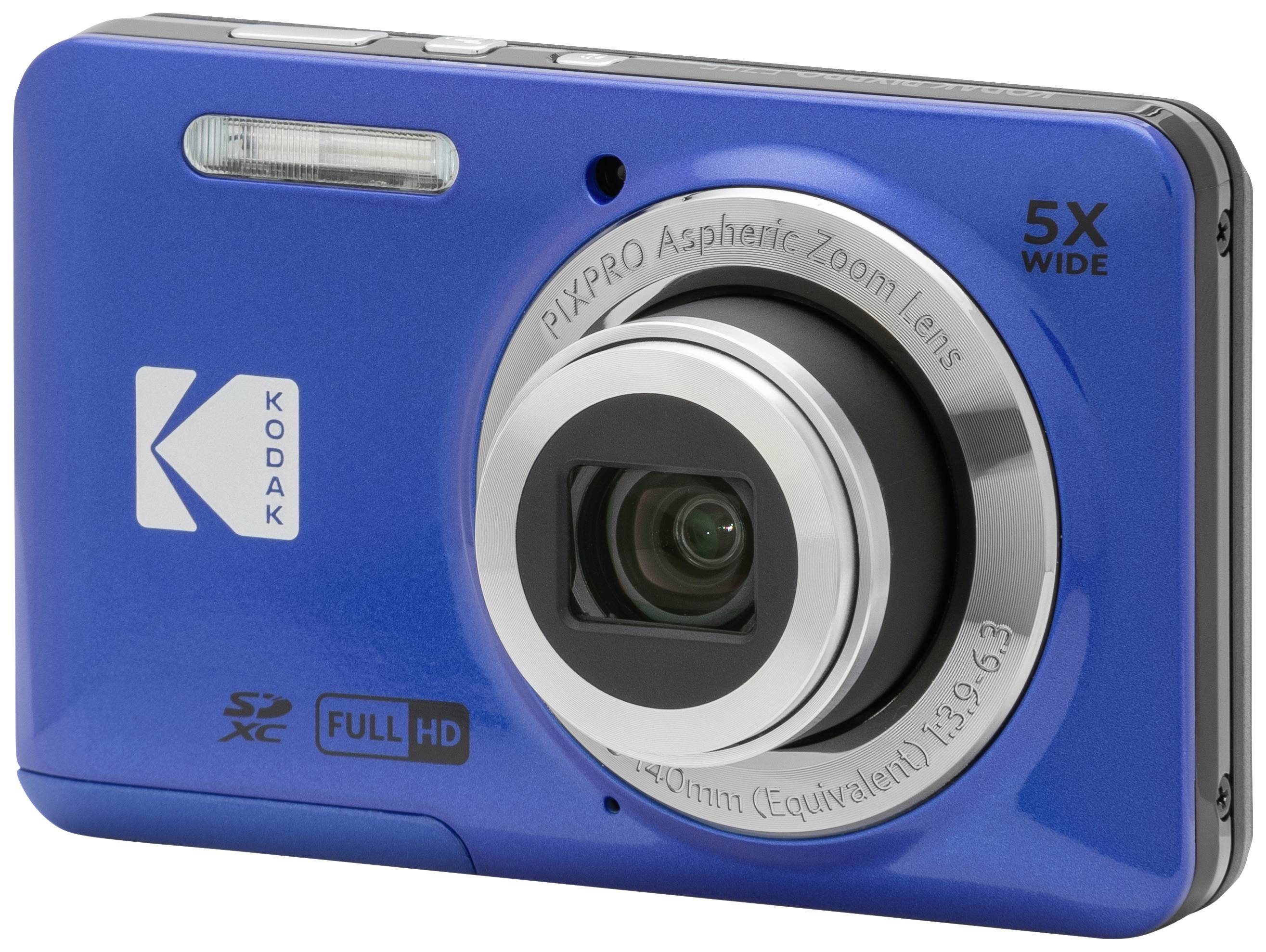 Modrý digitálny fotoaparát s 5-násobným zoomom, bleskom a slotom na SD kartu. Označený logom 'Kodak', podporuje Full HD.