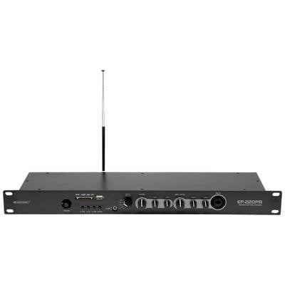 Čierny audiozosilňovač s anténou, viacerými ovládacími gombíkmi a konektormi na prednej strane. Model 'EP-220PR'.