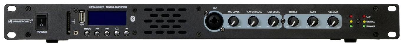 Čierny audio zosilňovač s regulátormi hlasitosti, LED indikátormi, USB a SD karta slotmi na ľavej strane.