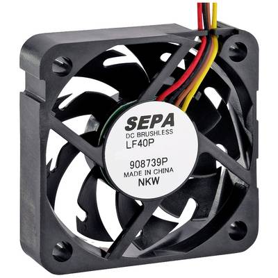 Malý DC ventilátor od SEPA, model LF40P, používaný na chladenie v elektronických zariadeniach, s viacerými farebnými pripájacími vodičmi.