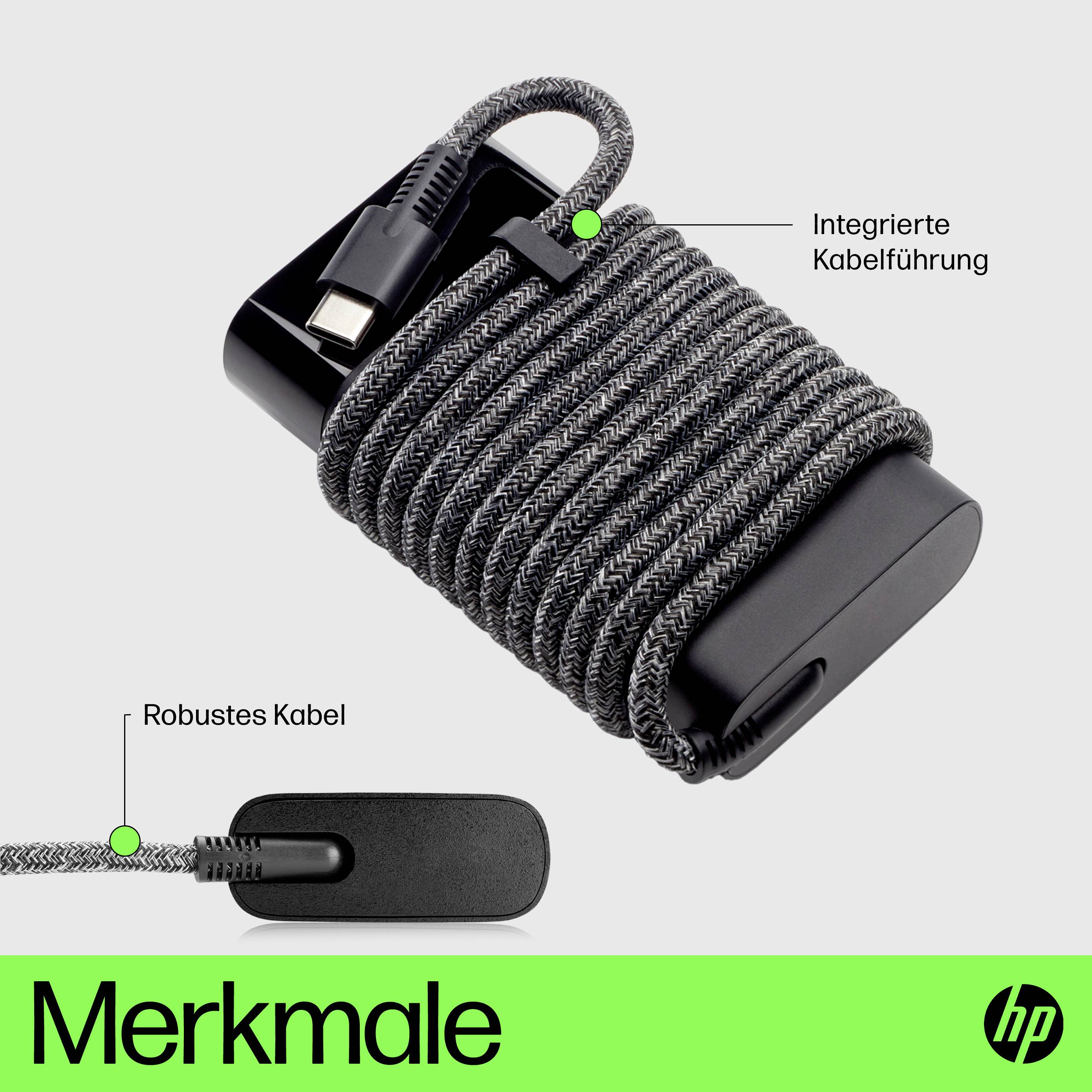 Nabíjačka HP s integrovaným manažmentom kábla a odolným káblom. Čierne púzdro, kábel v sivej farbe. Reklama od HP.