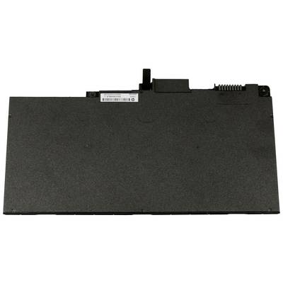Čierny laptop batériu, obdĺžnikový tvar, so viditeľnými kontaktmi a štítkom v hornej časti.