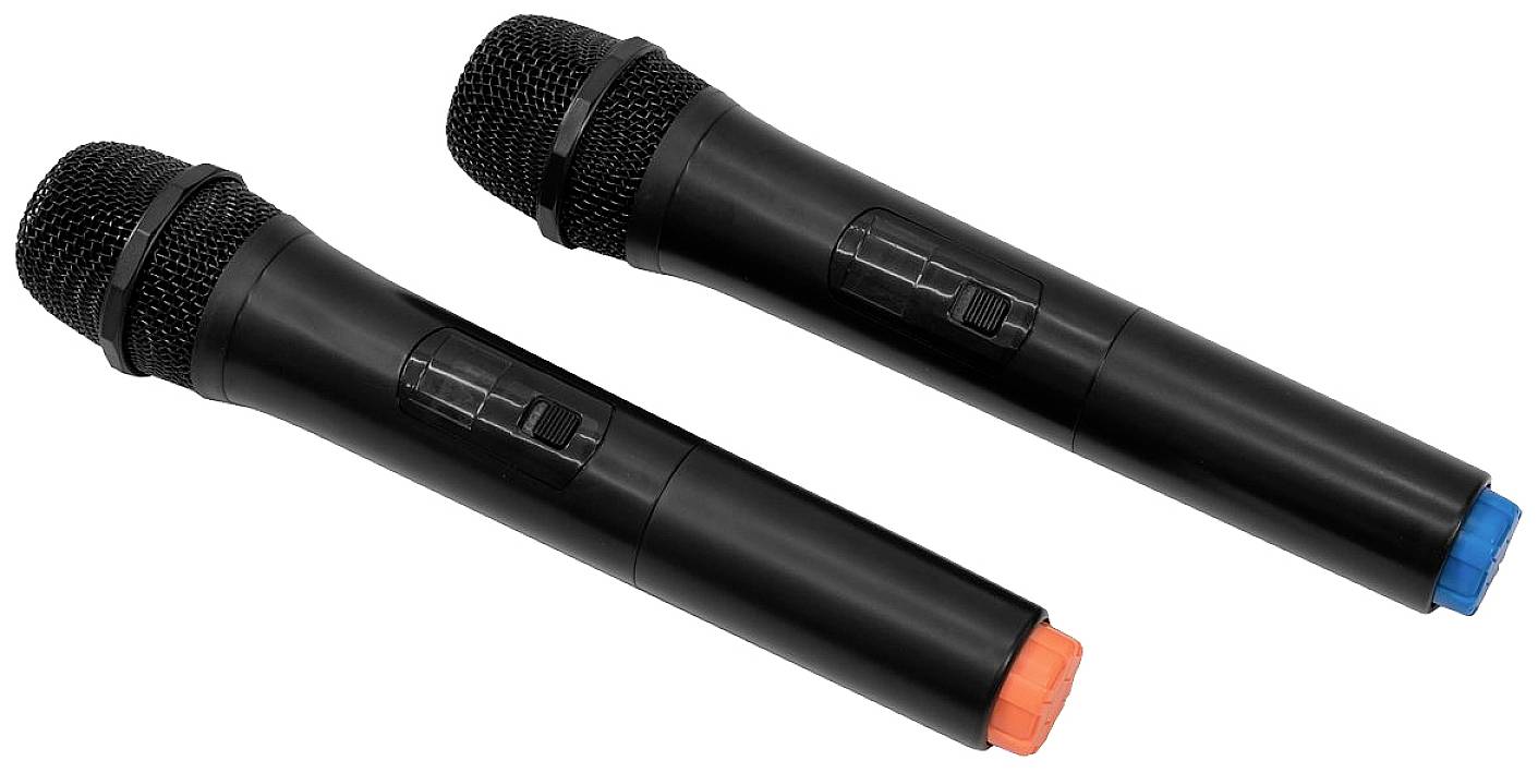 Dva čierne mikrofóny ležia vedľa seba, ľavý má oranžové označenie, pravý modré, na bielom pozadí.